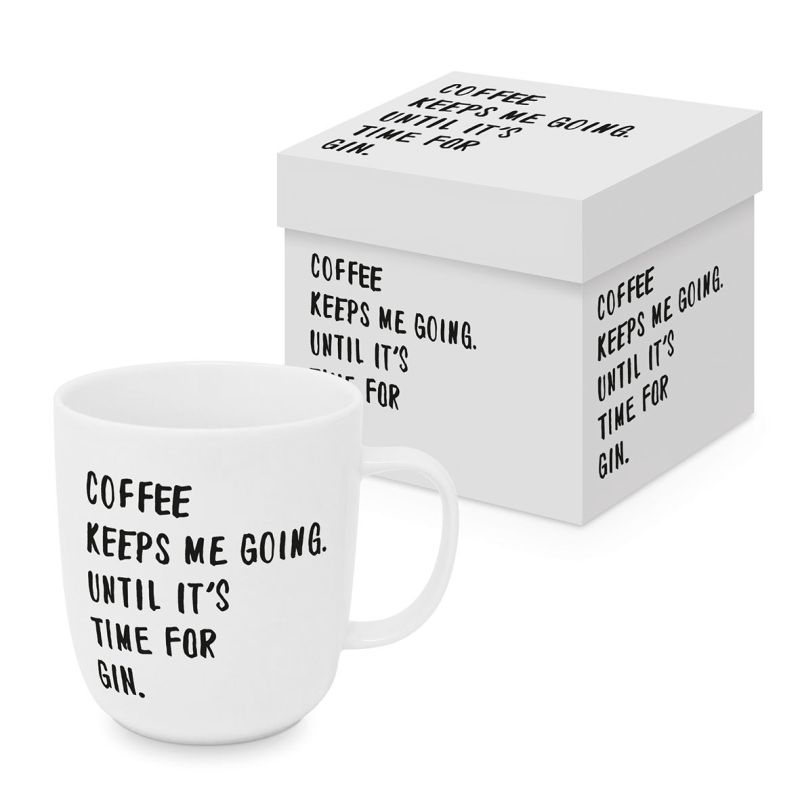 Henkelbecher in Geschenkbox "Coffee keeps me going until it´s time for gin."